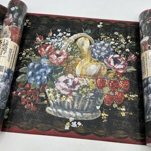 4 Roll Brewster Victorian Fruit Basket Wallpaper Border Black Red Pre-Pasted